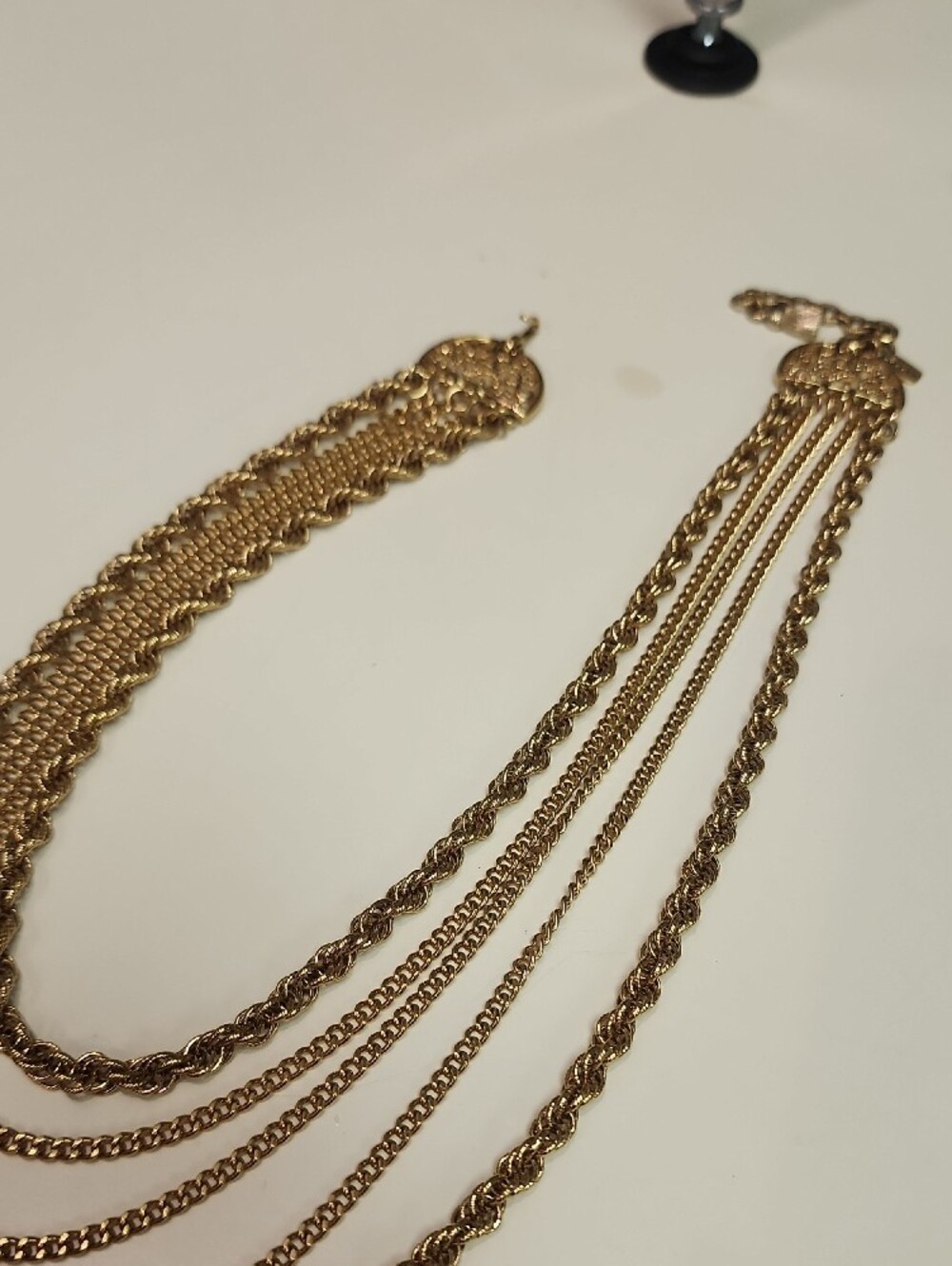 Vintage Signed Monet 5-Strand Gold Tone Bib Necklace Tassel Hook Filigree 1970s